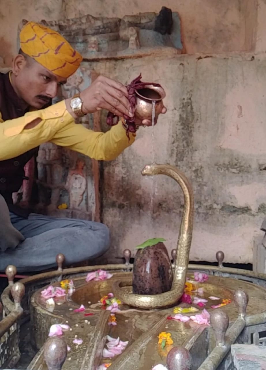 विल्केश्वर महादेव को जल अर्पित करते मंदिर इंचार्ज कुंवर विजेंद्र सिंह भाटी 